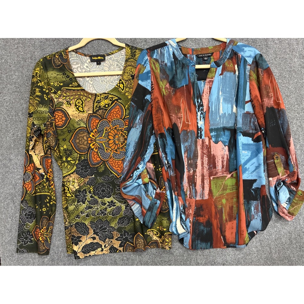 Lot of 2 Womens Blouses Indigo Moon Paisley & Zac Rachel Abstract Print Large
